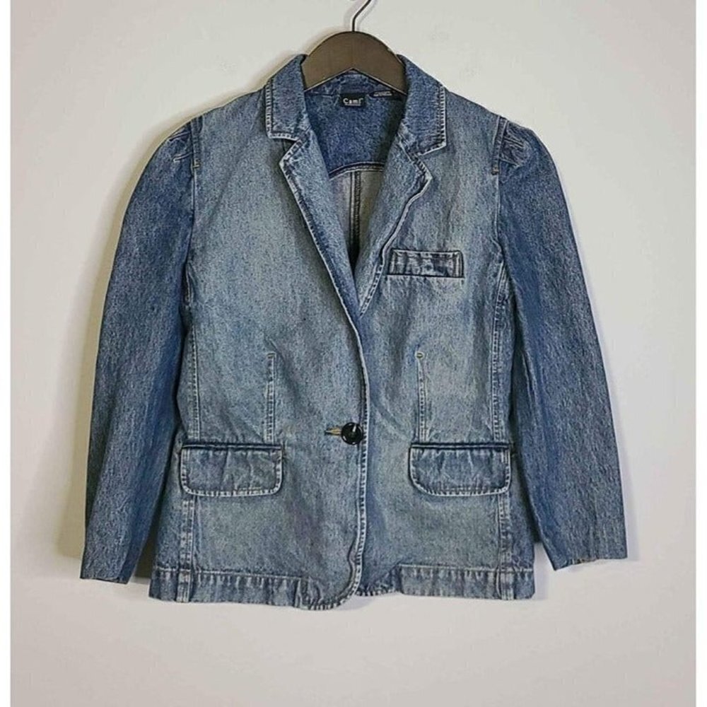Cami International Womens Blue Denim Faded Washed Blazer One Button Closure Sz 8